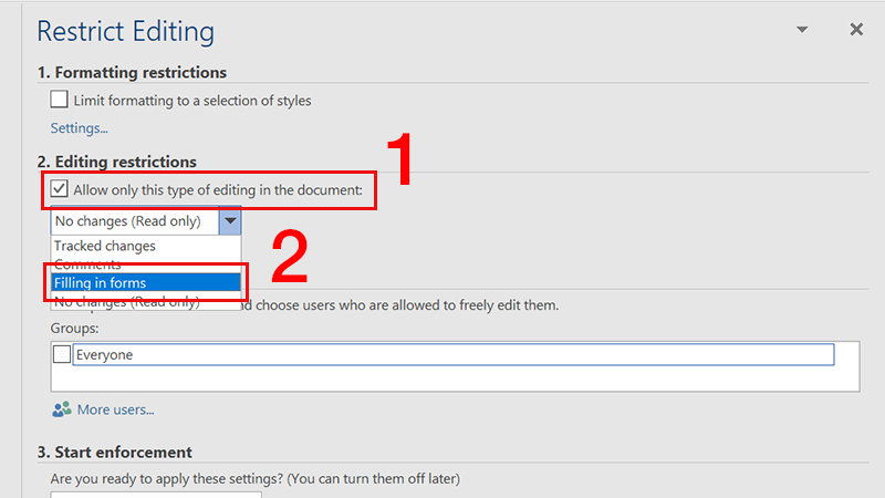 Chọn Allow only this type of editing in the document v&agrave; Chọn Filling in forms trong danh s&aacute;ch chọn